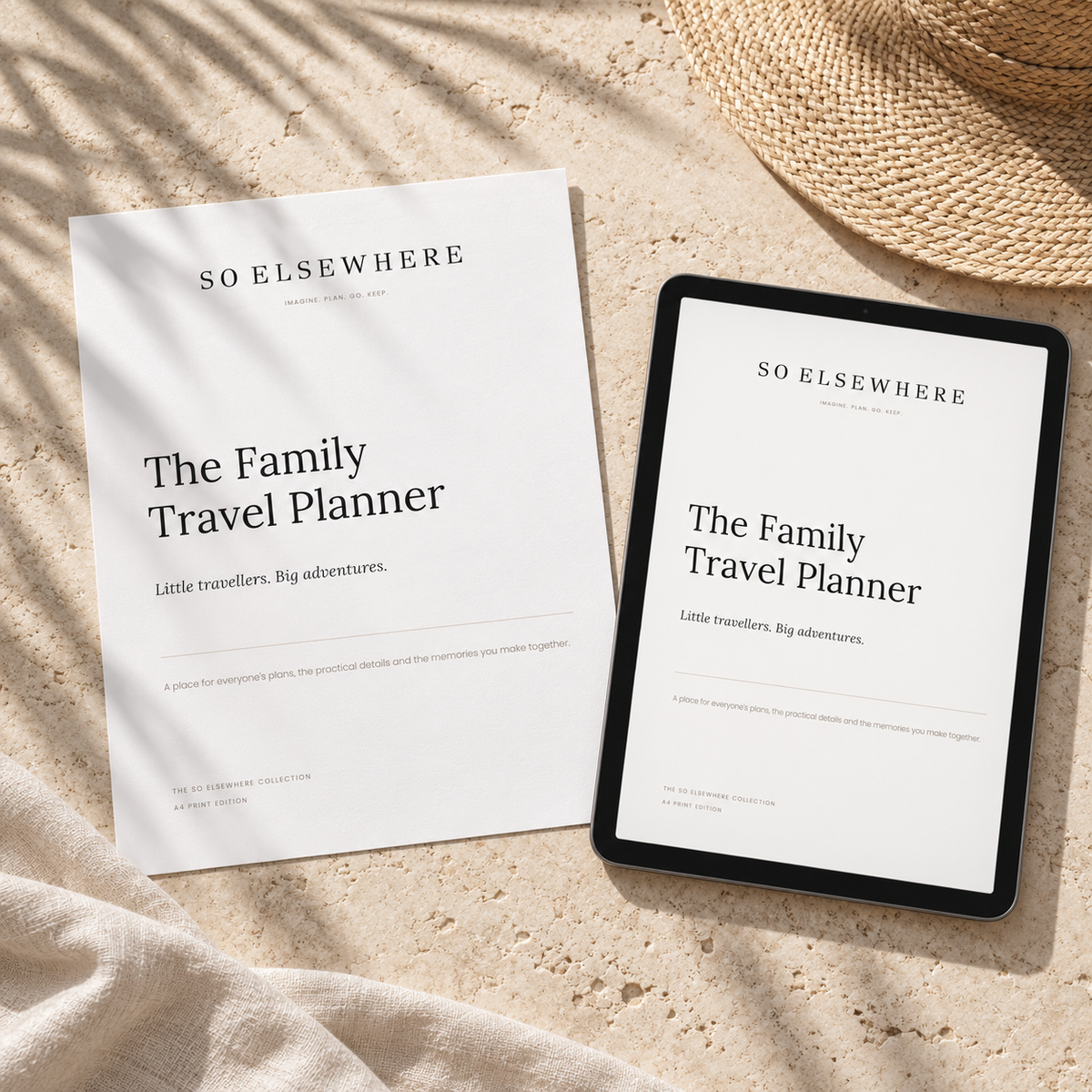 The Family Travel Planner by SO ELSEWHERE, shown as a printed A4 cover and on a tablet