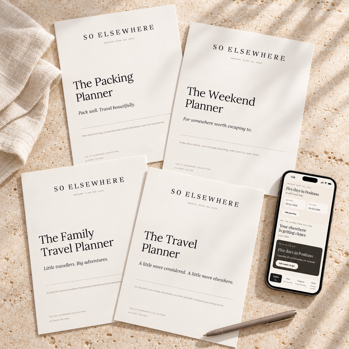 The SO ELSEWHERE Collection: The Travel, Family Travel, Weekend and Packing Planners beside the Smart Travel Companion app on a phone