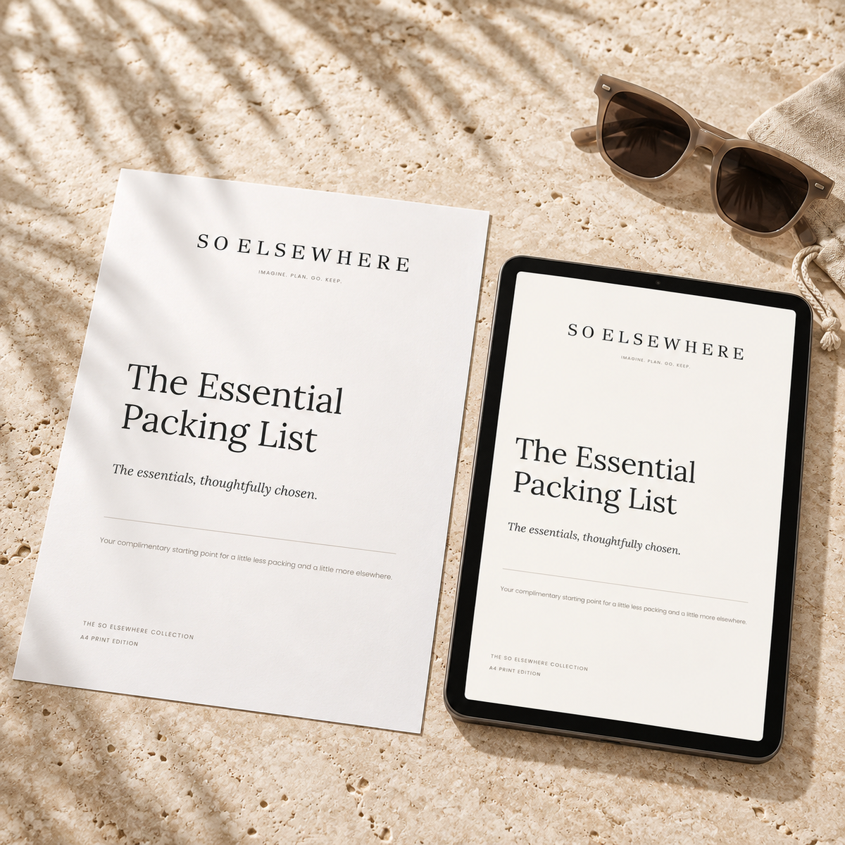 The Essential Packing List by SO ELSEWHERE, shown as a printed A4 cover and on a tablet