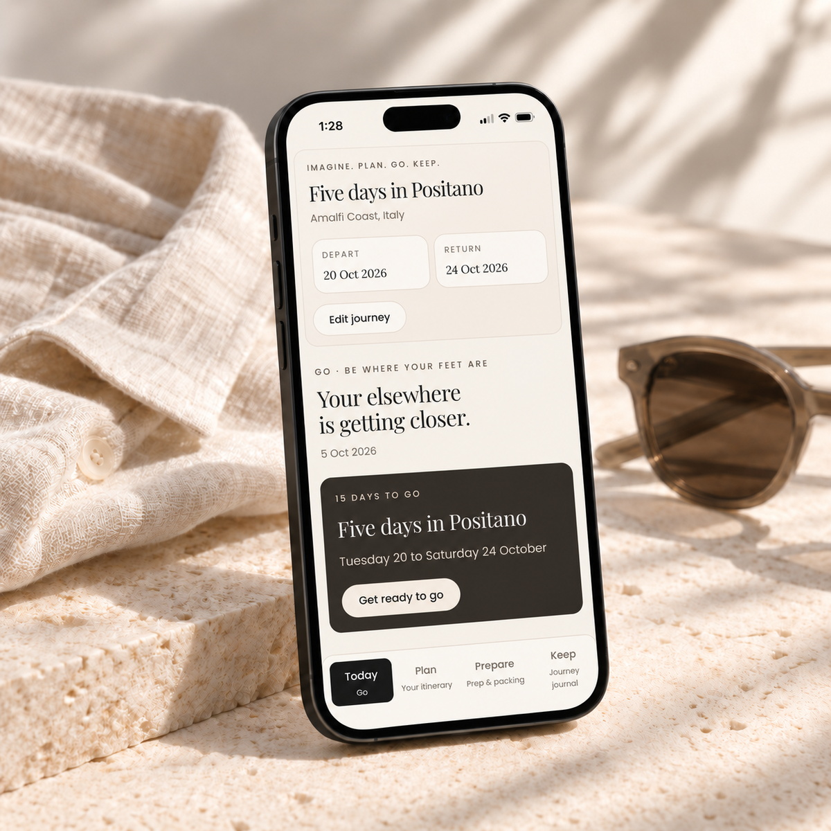 The Smart Travel Companion app on a phone, showing the Today screen for a five-day trip to Positano