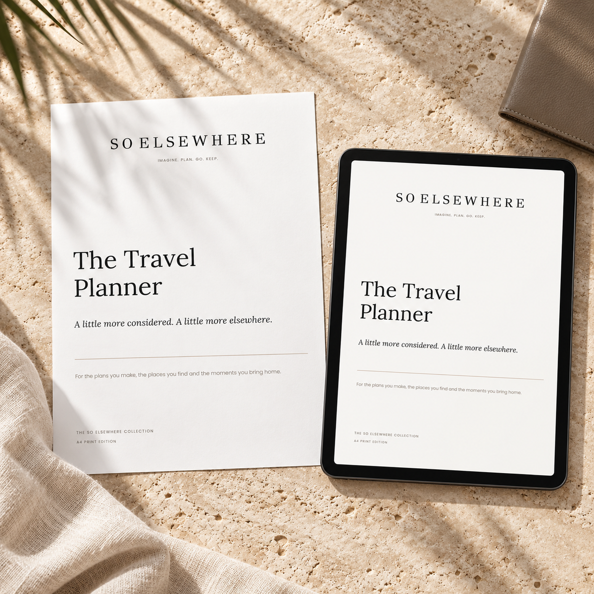 The Travel Planner by SO ELSEWHERE, shown as a printed A4 cover and on a tablet