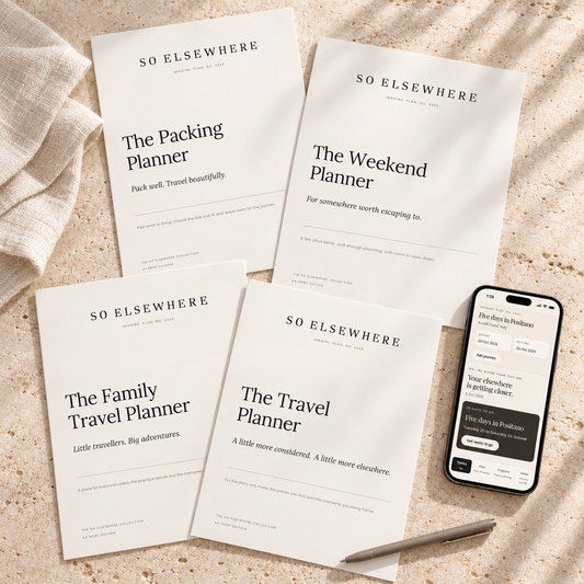 The SO ELSEWHERE Collection: The Travel, Family Travel, Weekend and Packing Planners beside the Smart Travel Companion app on a phone