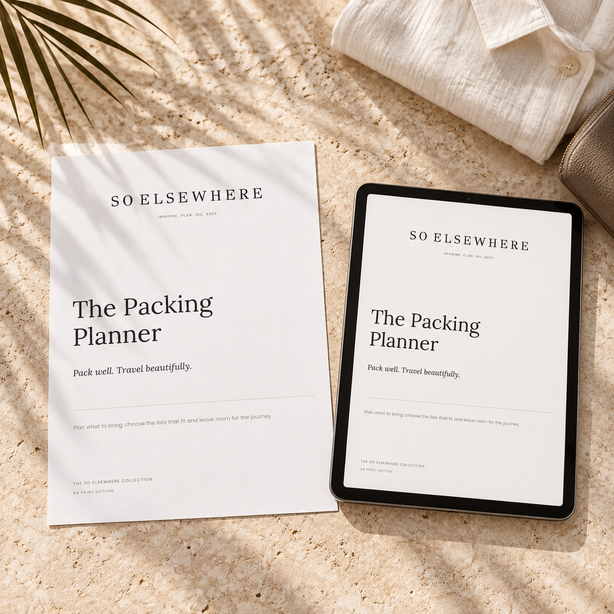 The Packing Planner by SO ELSEWHERE, shown as a printed A4 cover and on a tablet