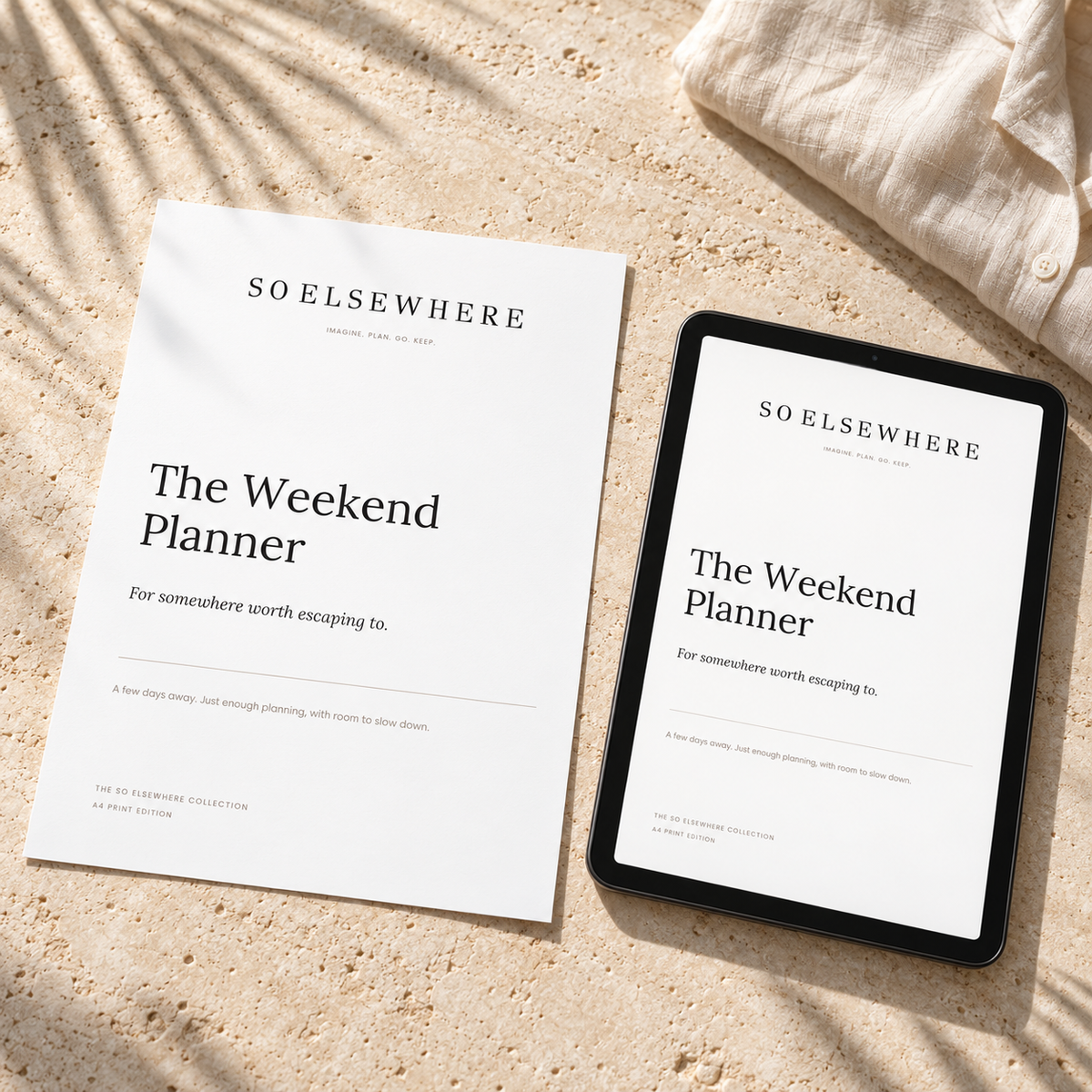 The Weekend Planner by SO ELSEWHERE, shown as a printed A4 cover and on a tablet