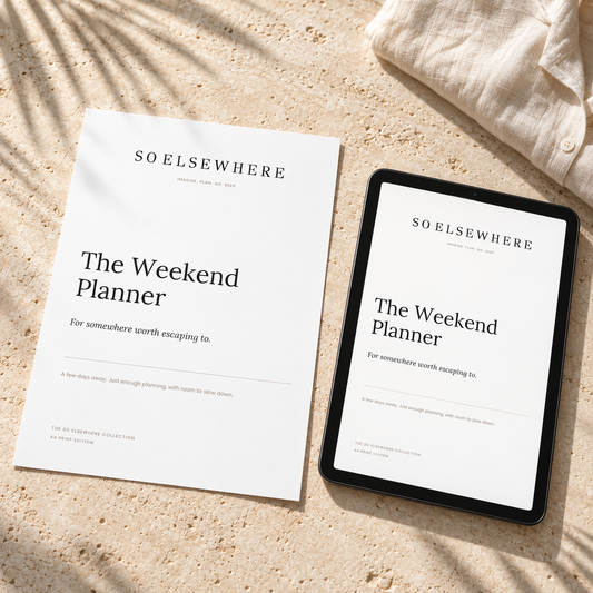 The Weekend Planner by SO ELSEWHERE, shown as a printed A4 cover and on a tablet